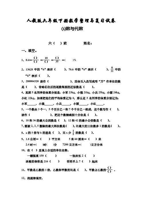 人教版六年级数学下册第6单元整理与复习《数与代数》测试卷题1