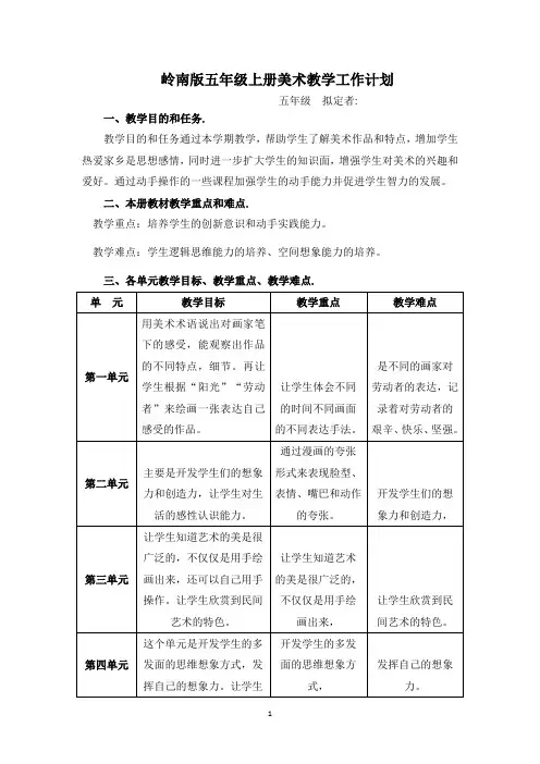 岭南版五年级美术上册教学工作计划