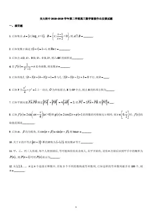 上海市交通大学附属中学2018-2019学年高三下寒假作业反馈考试数学试题(无答案)
