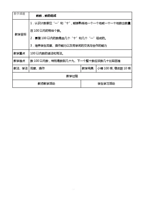 人教版小学一年级数学下册第四单元教案模板