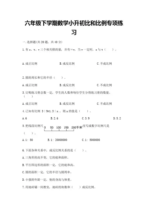 六年级下学期数学小升初比和比例专项练习含答案(基础题)