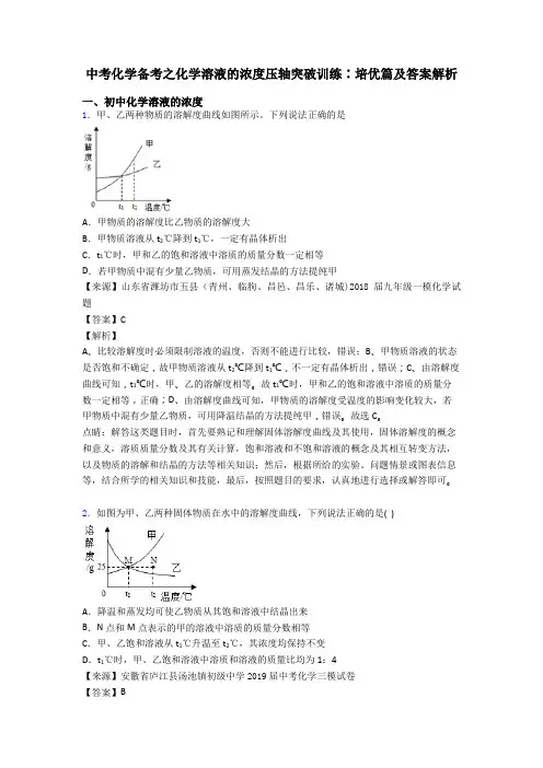 中考化学备考之化学溶液的浓度压轴突破训练∶培优篇及答案解析