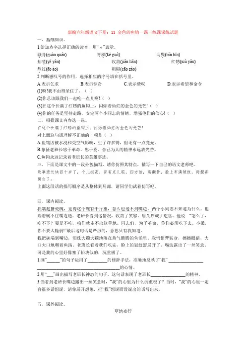 部编六年级语文下册：13 金色的鱼钩一课一练课课练试题