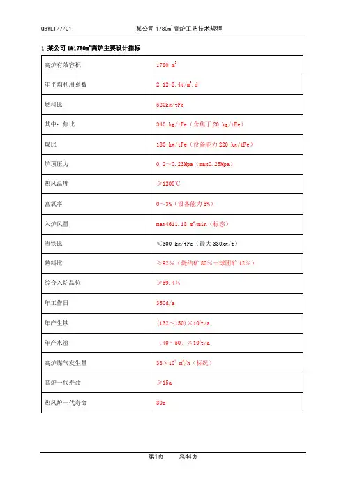 某钢铁公司1780m3高炉主控室技术操作规程