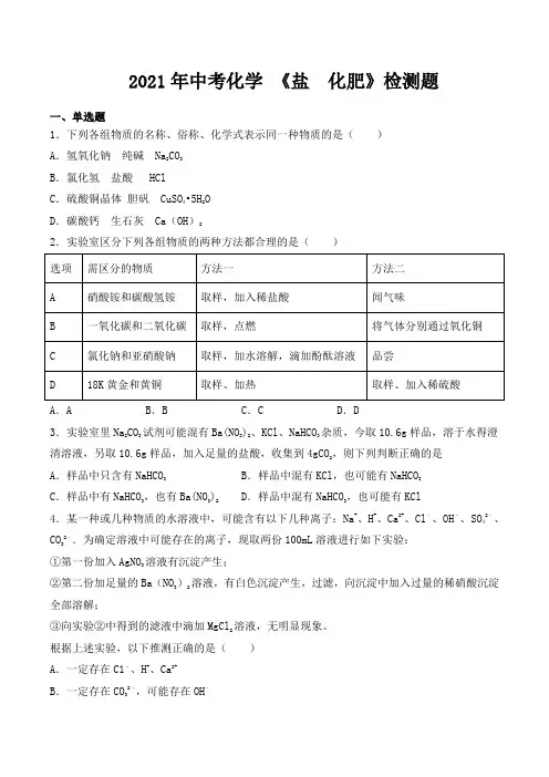 人教版化学九年级下册第十一单元《盐  化肥》检测题(含答案)