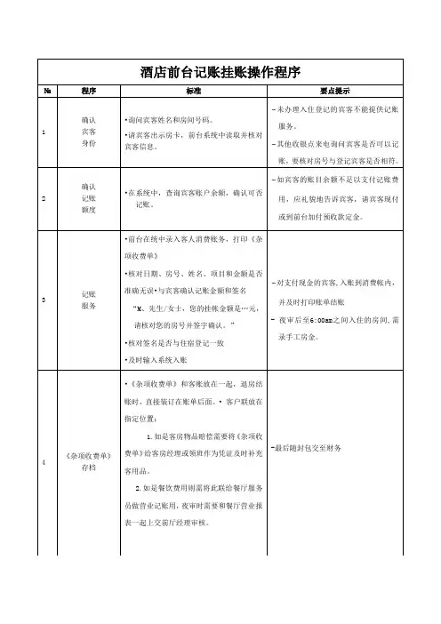 酒店前台记账挂账操作程序(行业标准) 