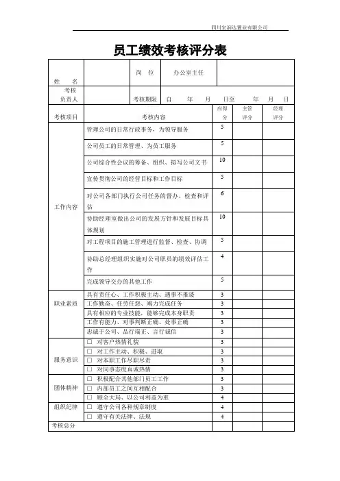 员工绩效考核评分表