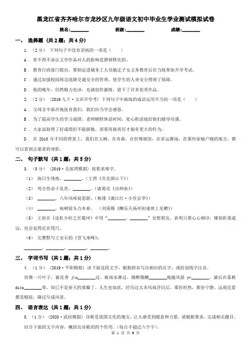 黑龙江省齐齐哈尔市龙沙区九年级语文初中毕业生学业测试模拟试卷