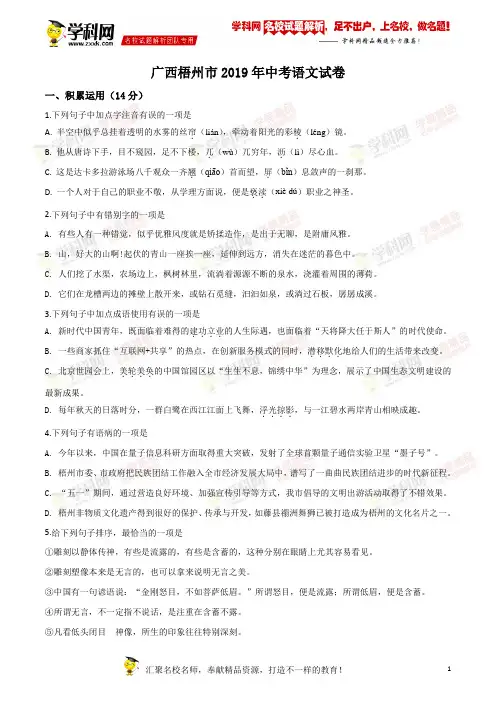 精品解析：广西梧州市2019年中考语文试题(原卷版)