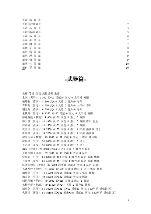 仙剑全武器装备饰品铸造材料及地点