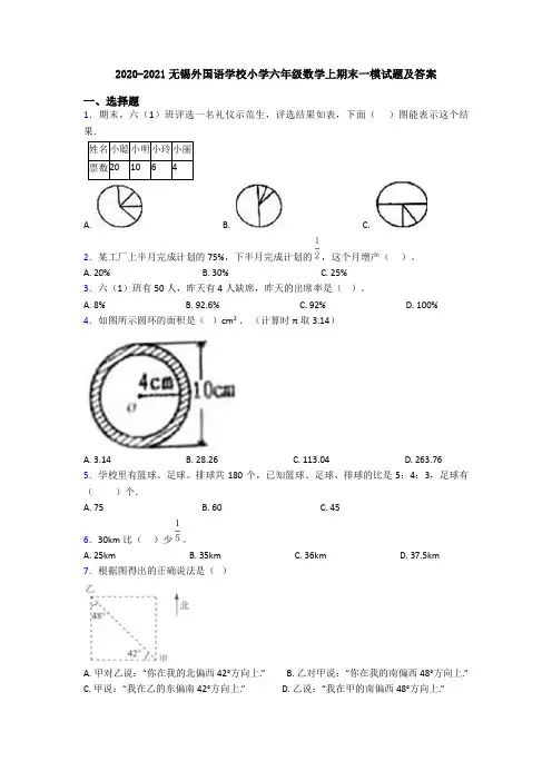 2020-2021无锡外国语学校小学六年级数学上期末一模试题及答案