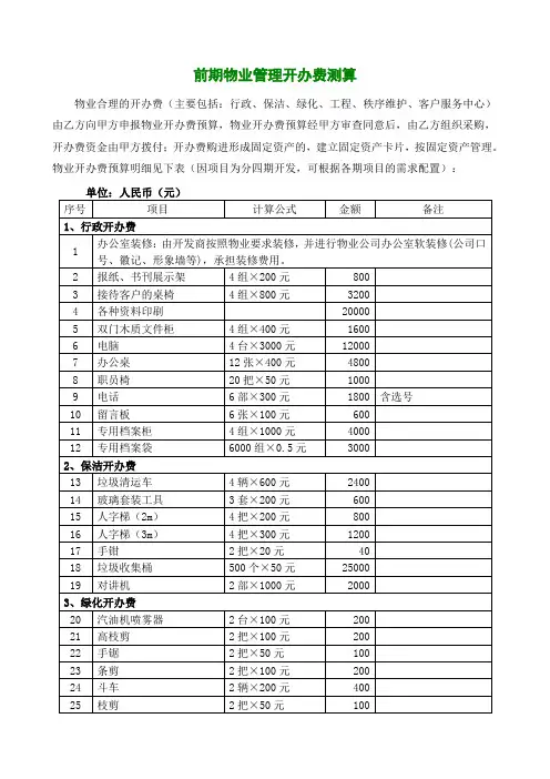 前期物业管理开办费测算