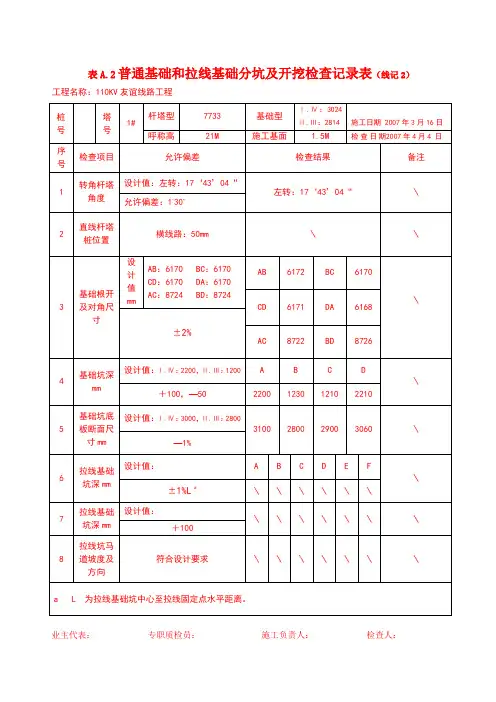 普通基础分坑及开挖检查记录表