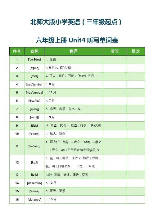 北师大版小学英语(三年级起点)六年级上册Unit4听写单词表