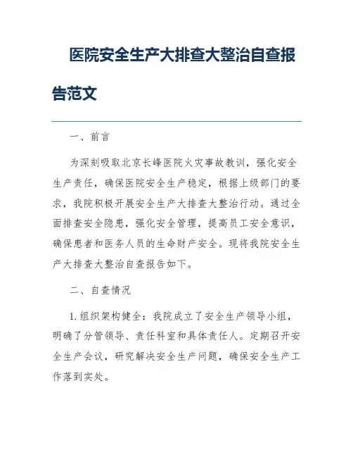 医院安全生产大排查大整治自查报告范文