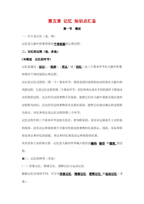 自学考试备考复习资料：教育心理学《第五章 记忆》知识点考点归纳整理汇总