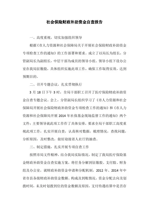 社会保险财政补助资金自查报告