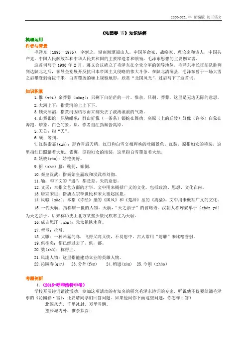人教部编版语文九年级《沁园春雪》知识讲解