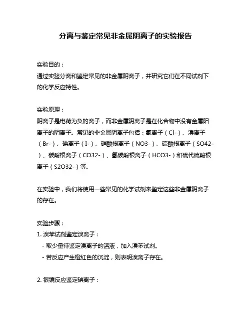 分离与鉴定常见非金属阴离子的实验报告