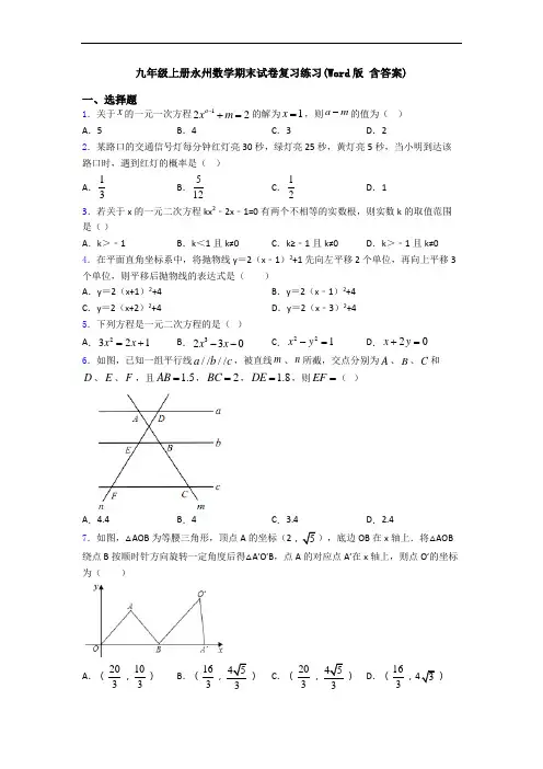 九年级上册永州数学期末试卷复习练习(Word版 含答案)