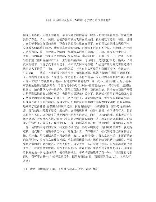 《伞》阅读练习及答案(2019年辽宁省丹东市中考题)