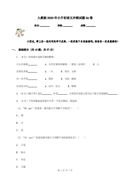 人教版2020年小升初语文冲刺试题5A卷