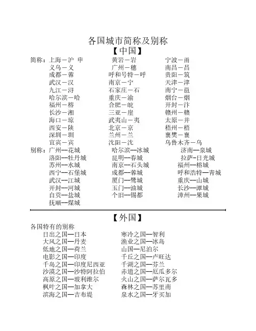 中国各国城市简称及别称