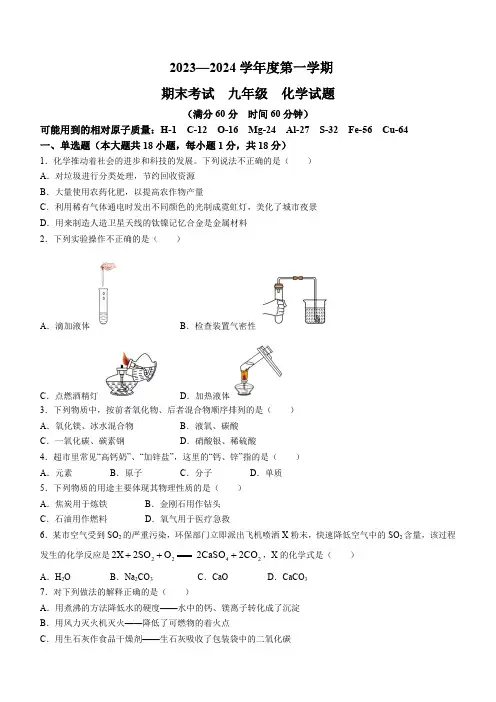 陕西省西安市2023—2024学年九年级上学期期末考试化学试题(含答案)