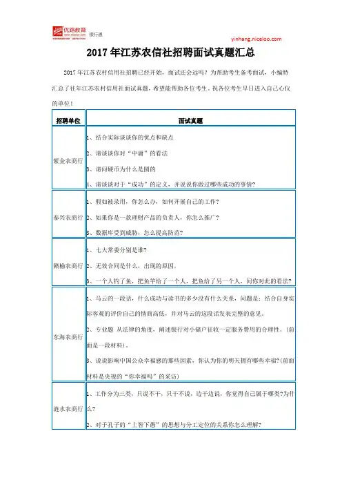 2017年江苏农信社招聘面试真题汇总