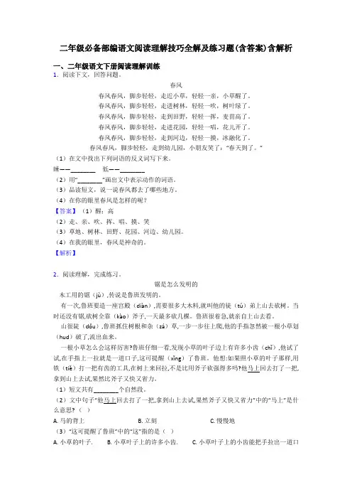 二年级必备部编语文阅读理解技巧全解及练习题(含答案)含解析