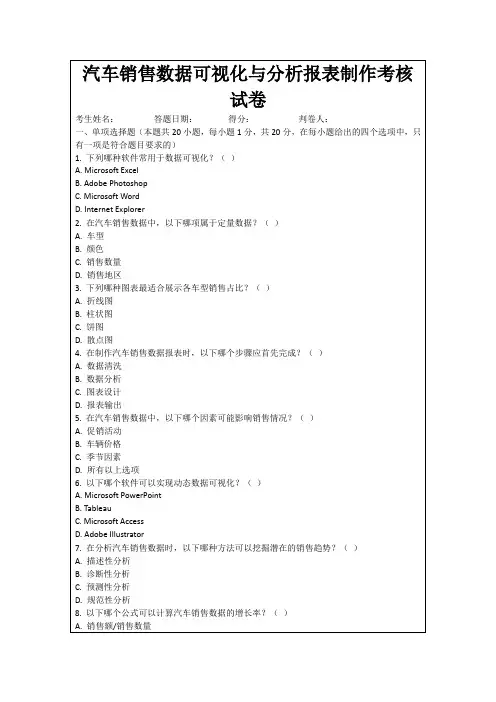 汽车销售数据可视化与分析报表制作考核试卷