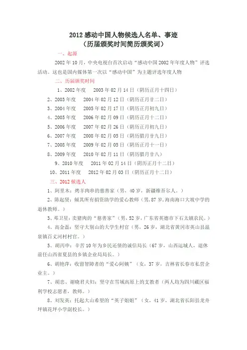 2012感动中国人物候选人名单、事迹