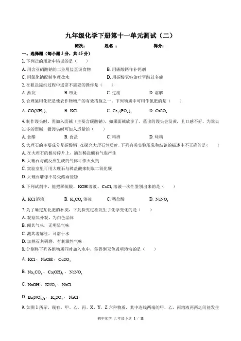 (人教版)初中化学九年级下册 第十一单元测试(二)附答案