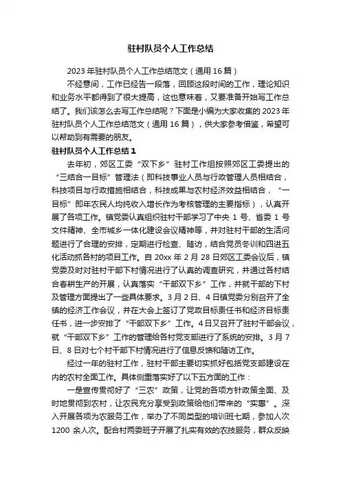 2023年驻村队员个人工作总结范文（通用16篇）
