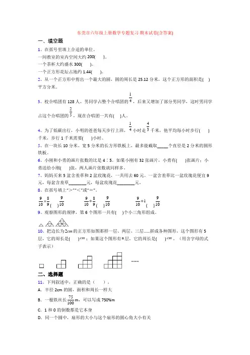 东莞市六年级上册数学专题复习 期末试卷(含答案)