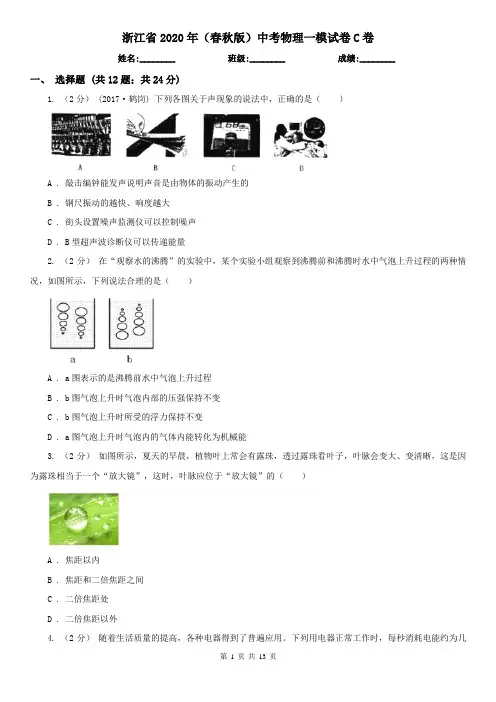 浙江省2020年(春秋版)中考物理一模试卷C卷(精编)