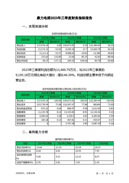 002367康力电梯2023年三季度财务指标报告