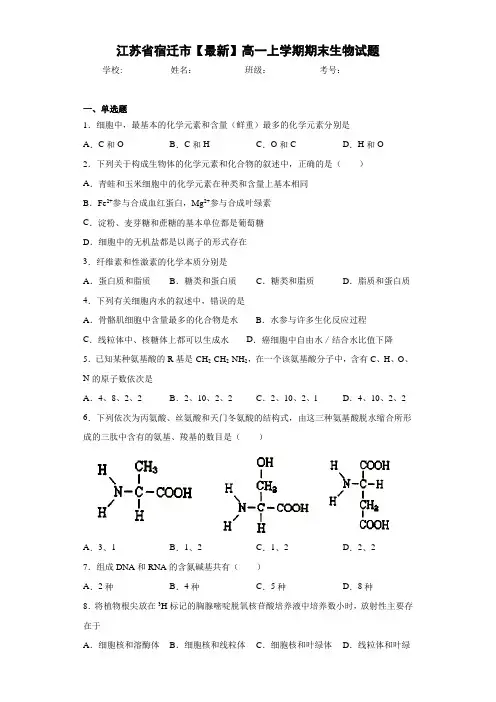 江苏省宿迁市高一上学期期末生物试题