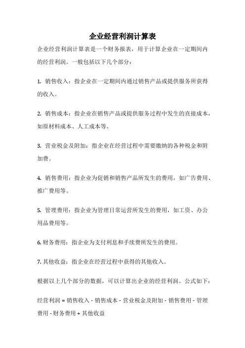 企业经营利润计算表