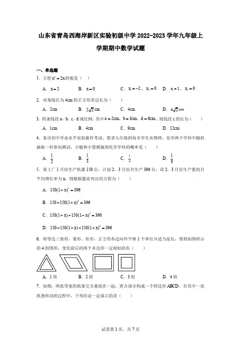 山东省青岛西海岸新区实验初级中学2022-2023学年九年级上学期期中数学试题