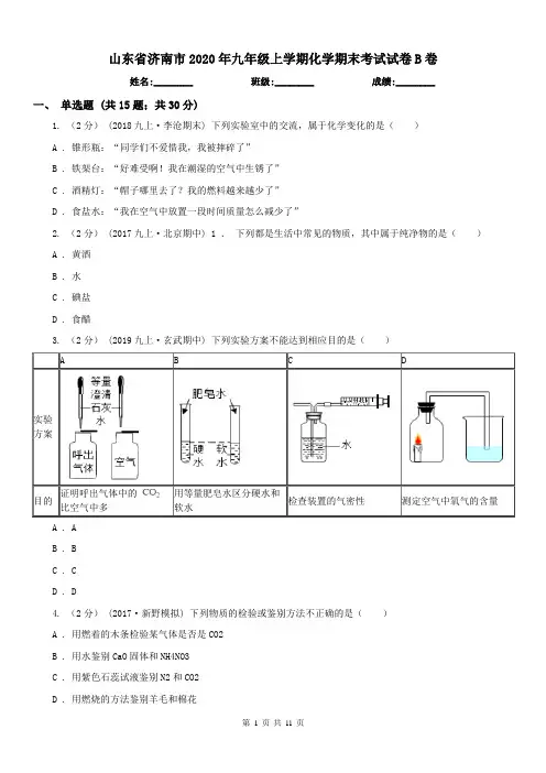 山东省济南市2020年九年级上学期化学期末考试试卷B卷