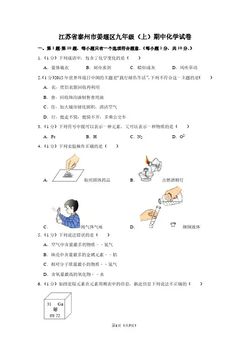 江苏省泰州市姜堰区九年级(上)期中化学试卷