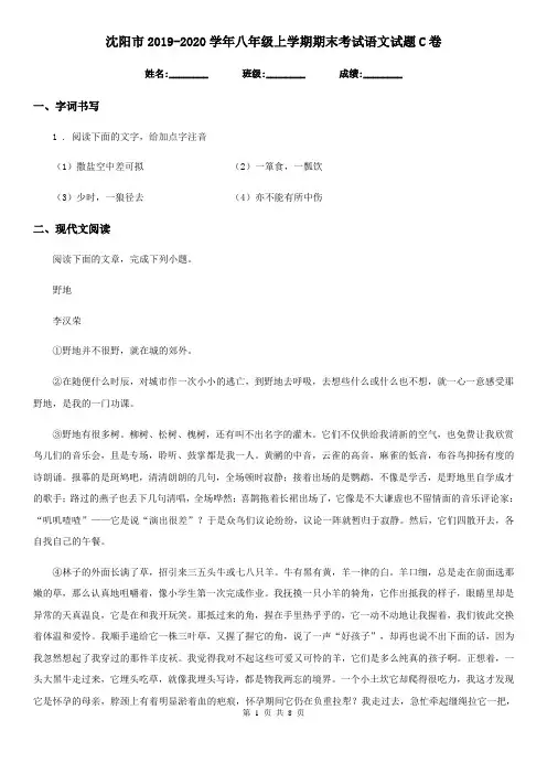 沈阳市2019-2020学年八年级上学期期末考试语文试题C卷