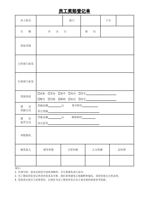 员工奖惩登记单表格(可修改)