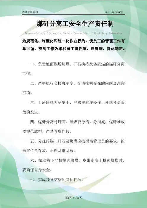 煤矸分离工安全生产责任制度范本