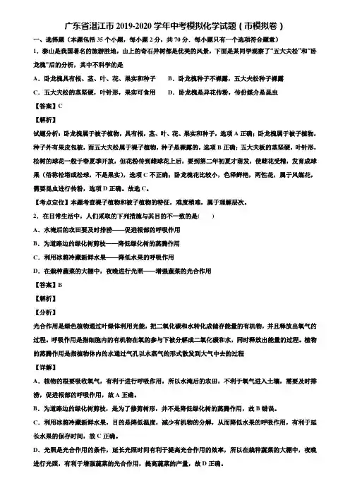 广东省湛江市2019-2020学年中考模拟化学试题(市模拟卷)含解析