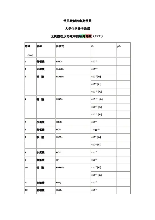 酸碱的电离常数(解离常数)