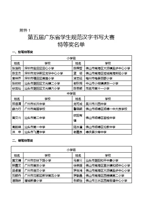 第五届广东省学生规范汉字书写大赛特等奖名单