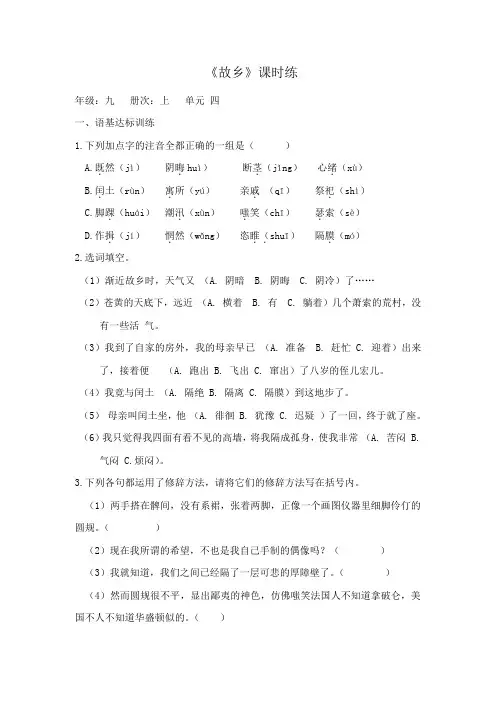 部编版语文九年级上册《故乡》课时练习试题