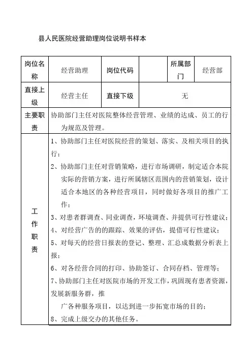 县人民医院经营助理岗位说明书样本